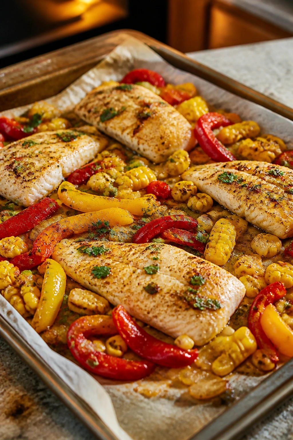 Close-up of Sheet Pan Tilapia with Peppers and Corn on a pan