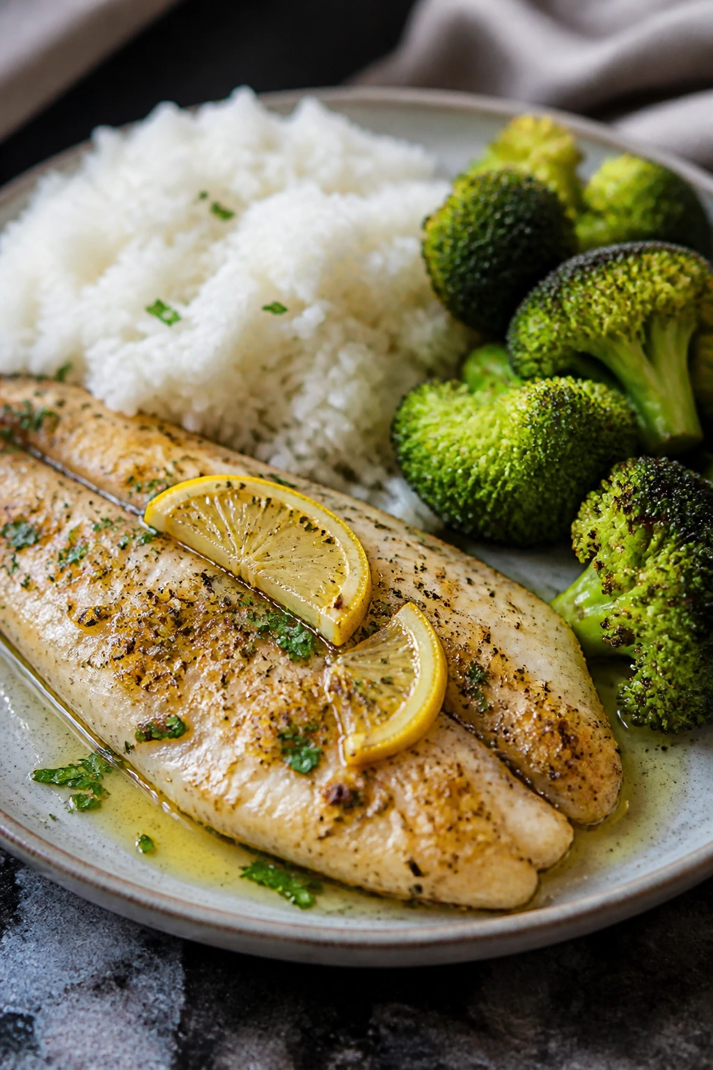 Tilapia with rice and broccoli on a plate