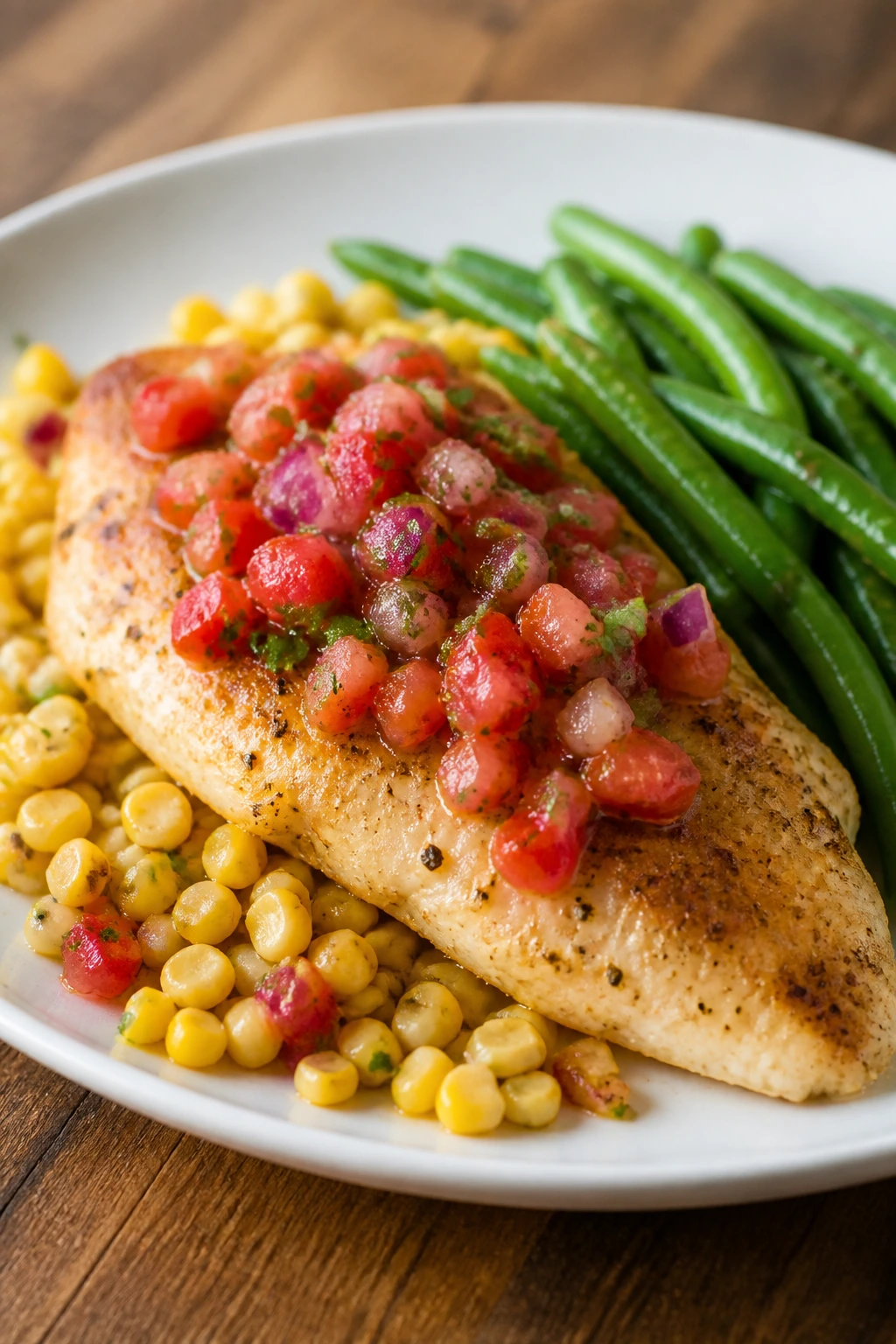 Close-up of baked tilapia with salsa, corn, and green beans on a rustic plate
