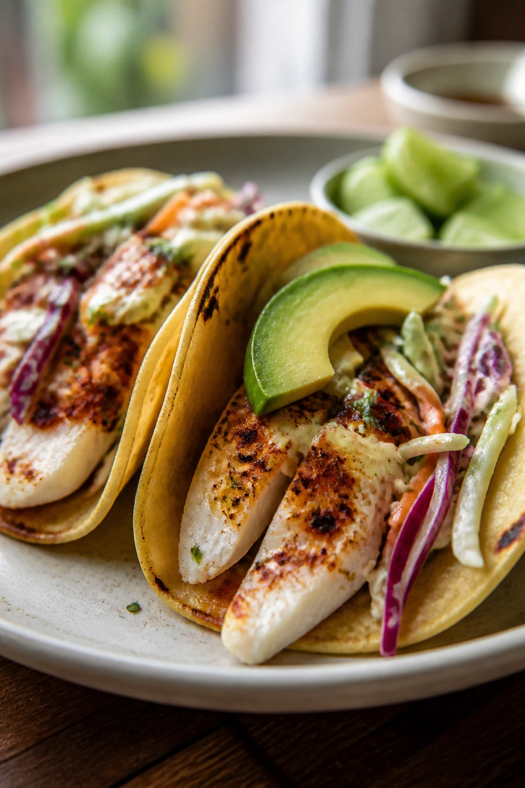 Chili-lime tilapia tacos with cabbage slaw on plate