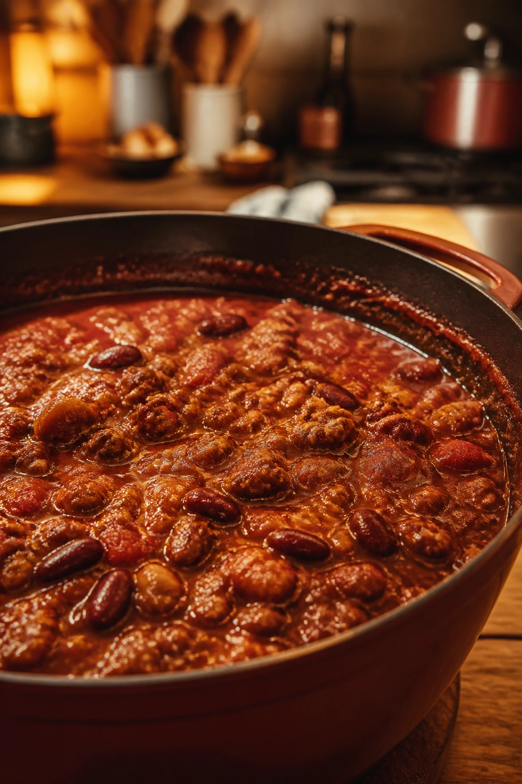 Pot of chili in a warm kitchen, suggesting time and yield through ambiance