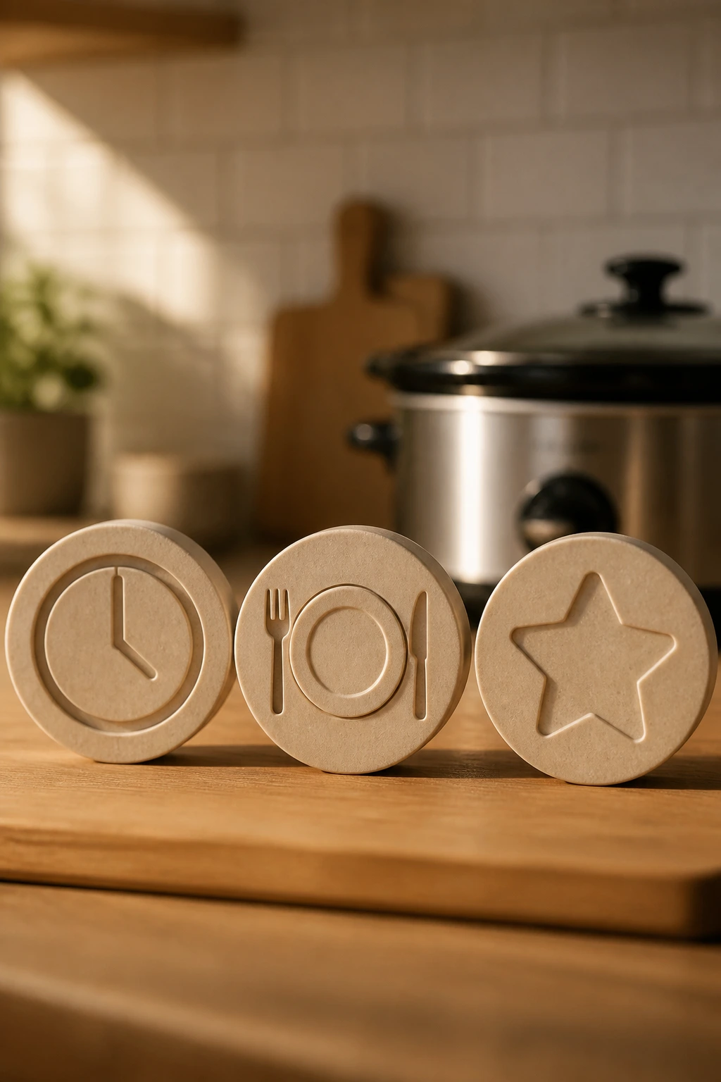 Icon trio representing time, yield, and difficulty on a kitchen counter