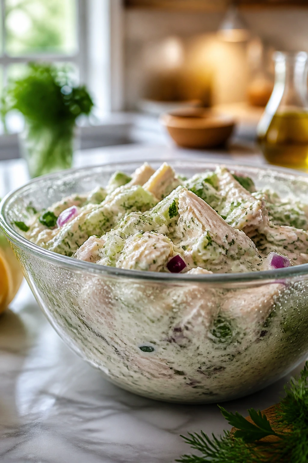 Close-up of chilled chicken salad bowl in a bright kitchen, condensation on the bowl.