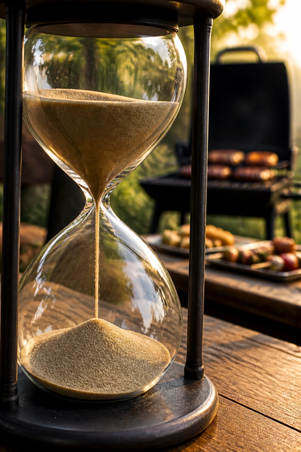 Hourglass in a backyard grilling setup with sand flowing