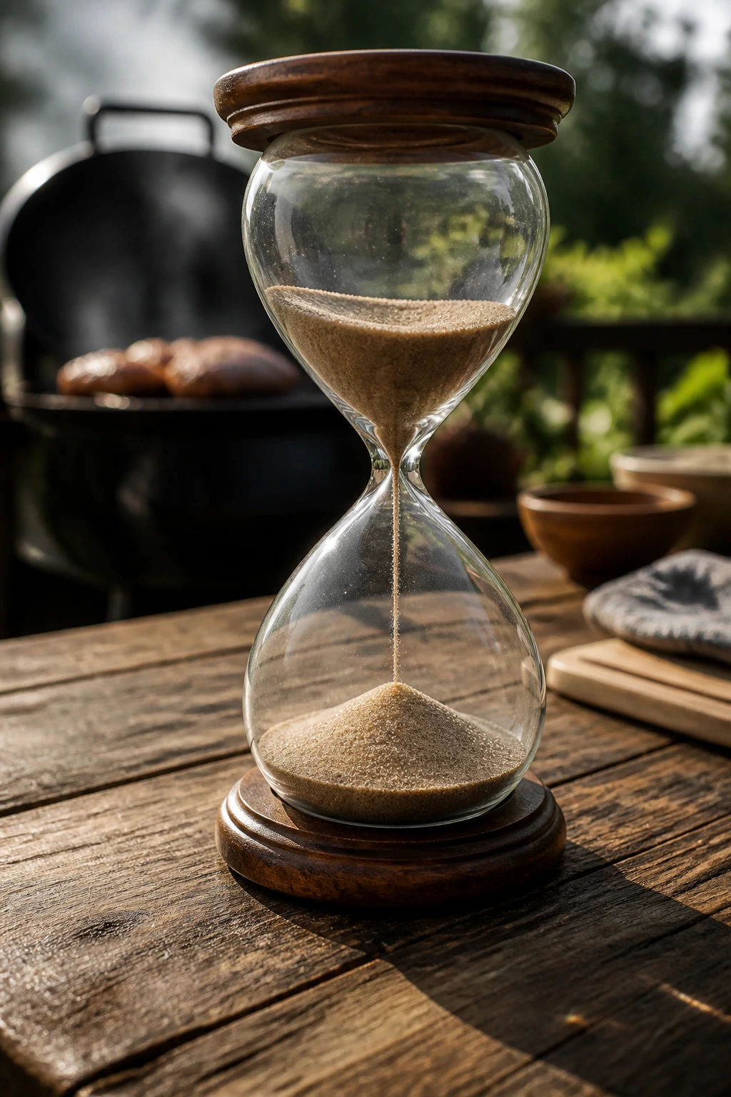 Hourglass on wooden table with backyard grill in focus
