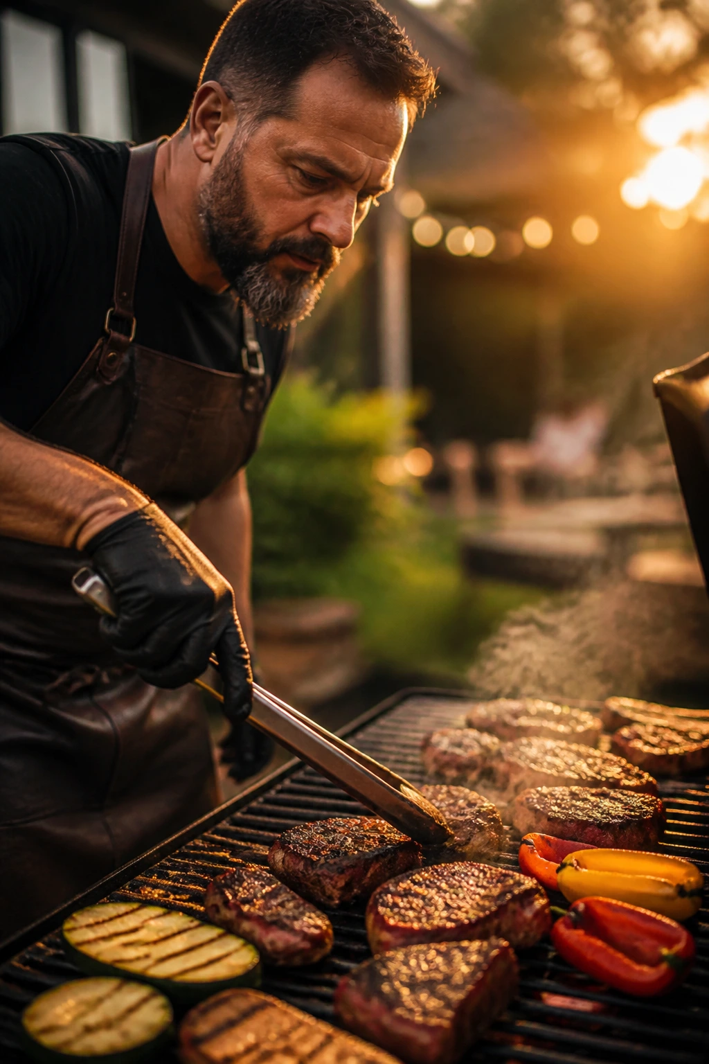 Cook with tongs over a hot grill in a backyard at sunset.
