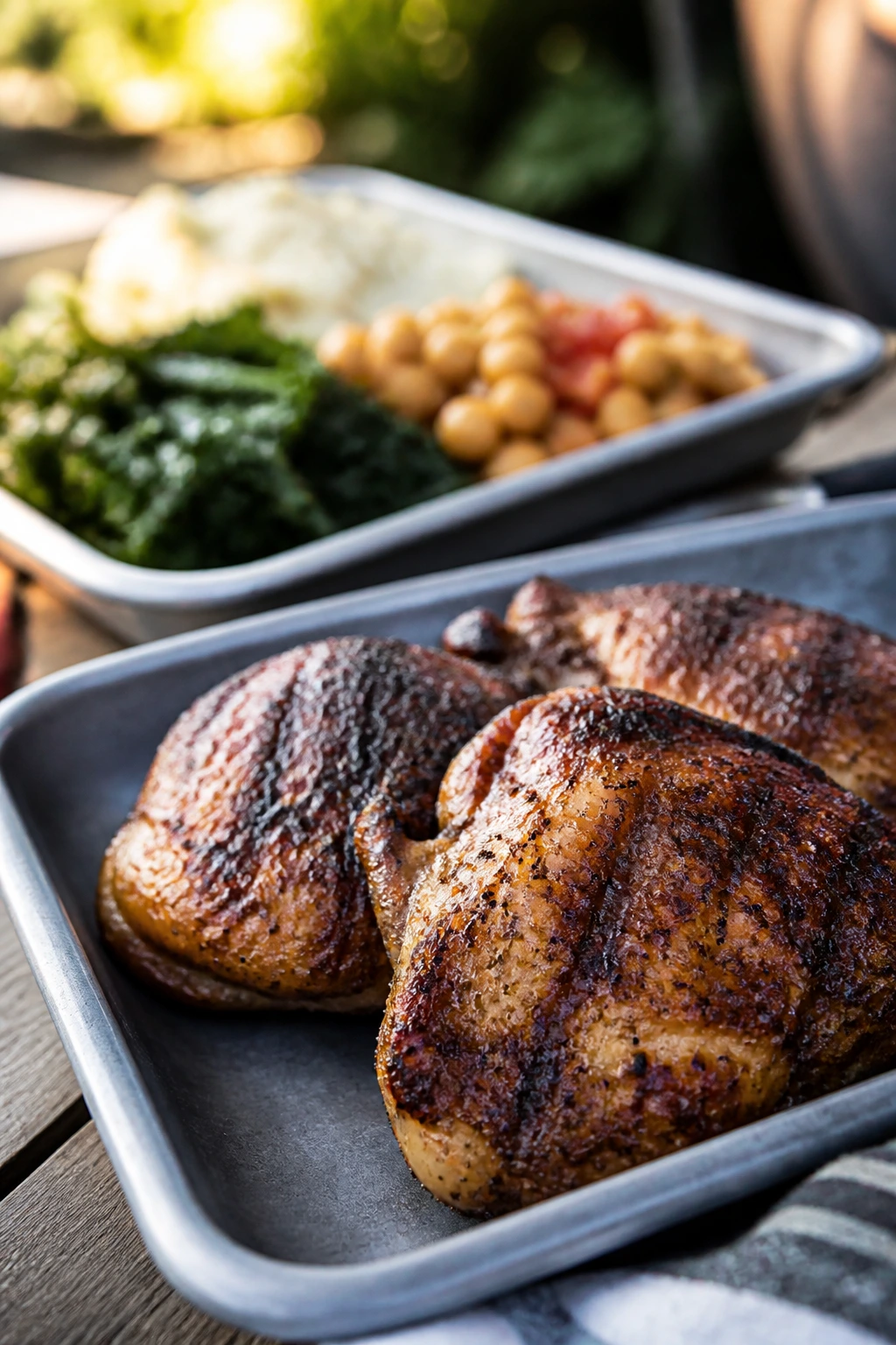 Charred chicken thighs on a tray with cold sides in the background