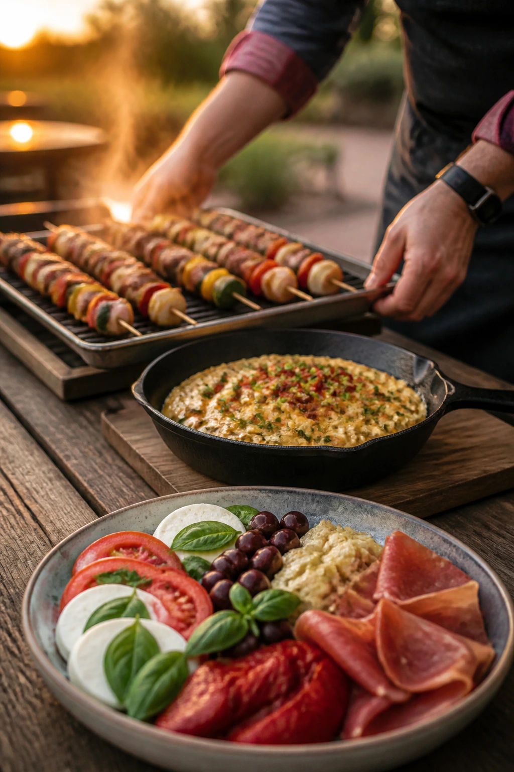 Backyard prep table with staggered trays to keep dishes hot.