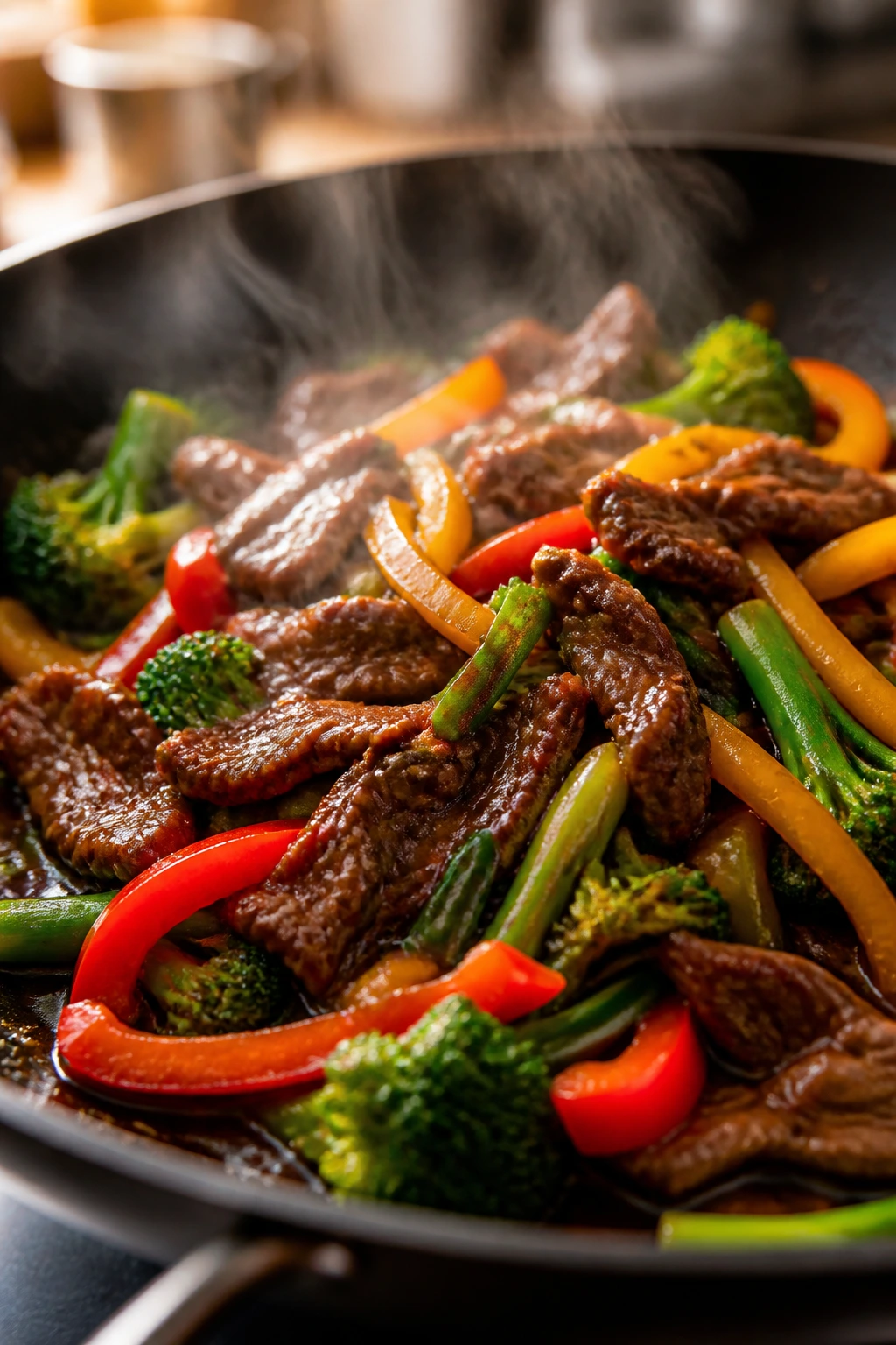 Beef and vegetables in a hot pan with glossy sauce