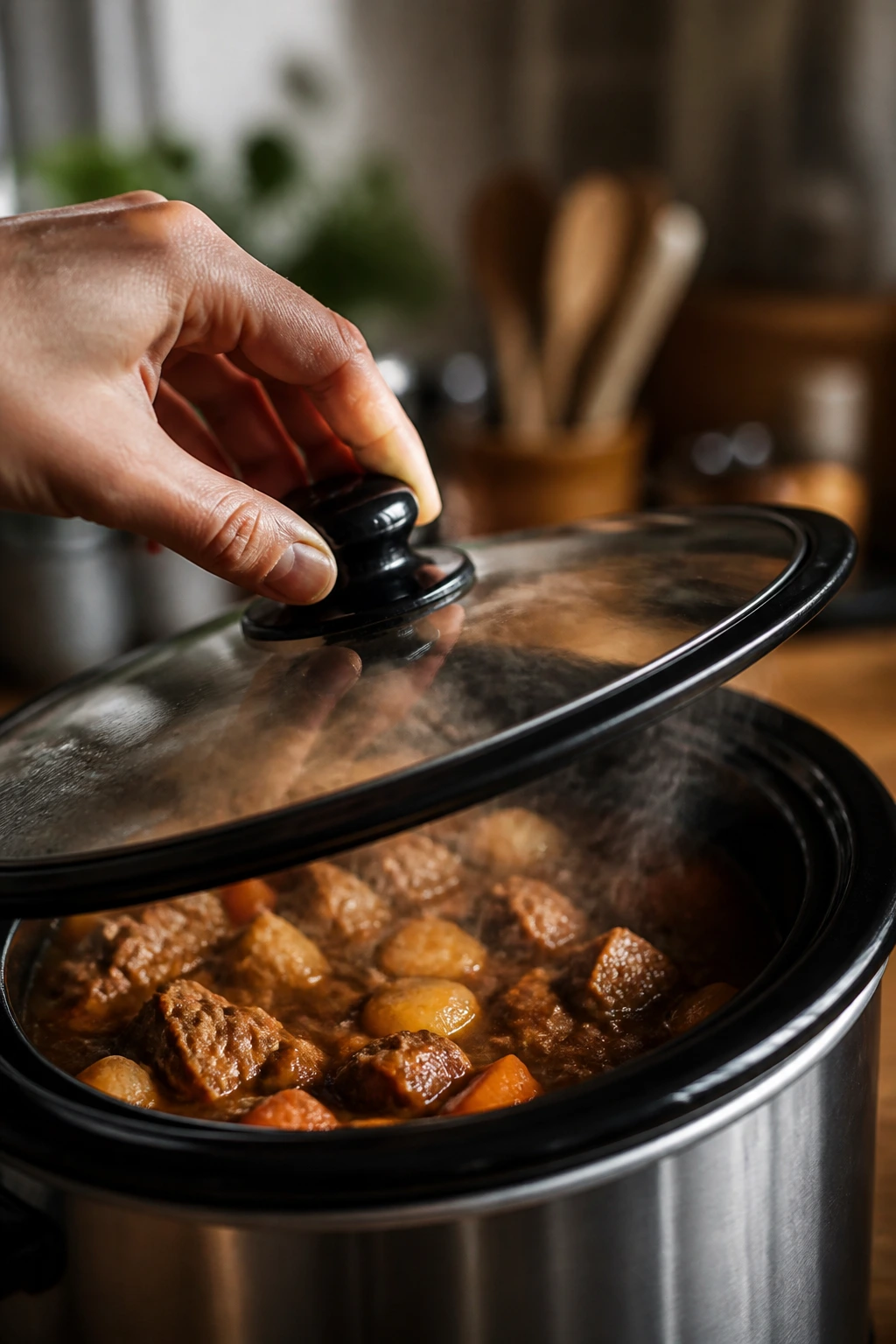 Slow cooker lid slightly lifted with steam in a cozy kitchen