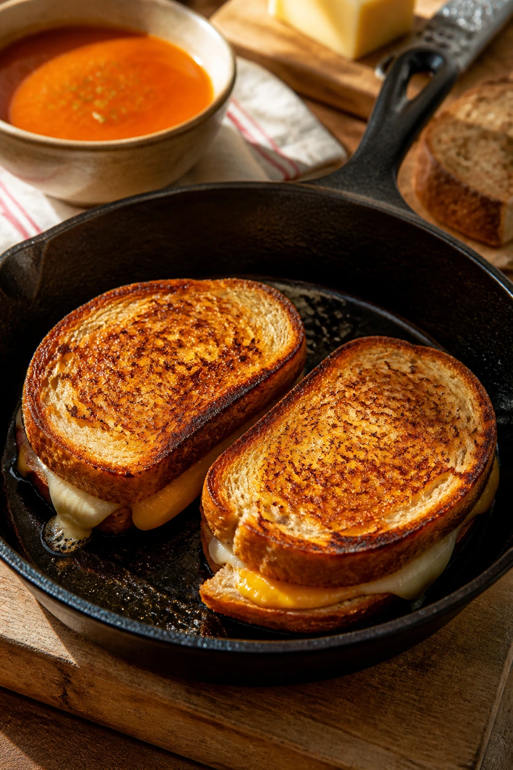 Two grilled cheese sandwiches browning in a skillet