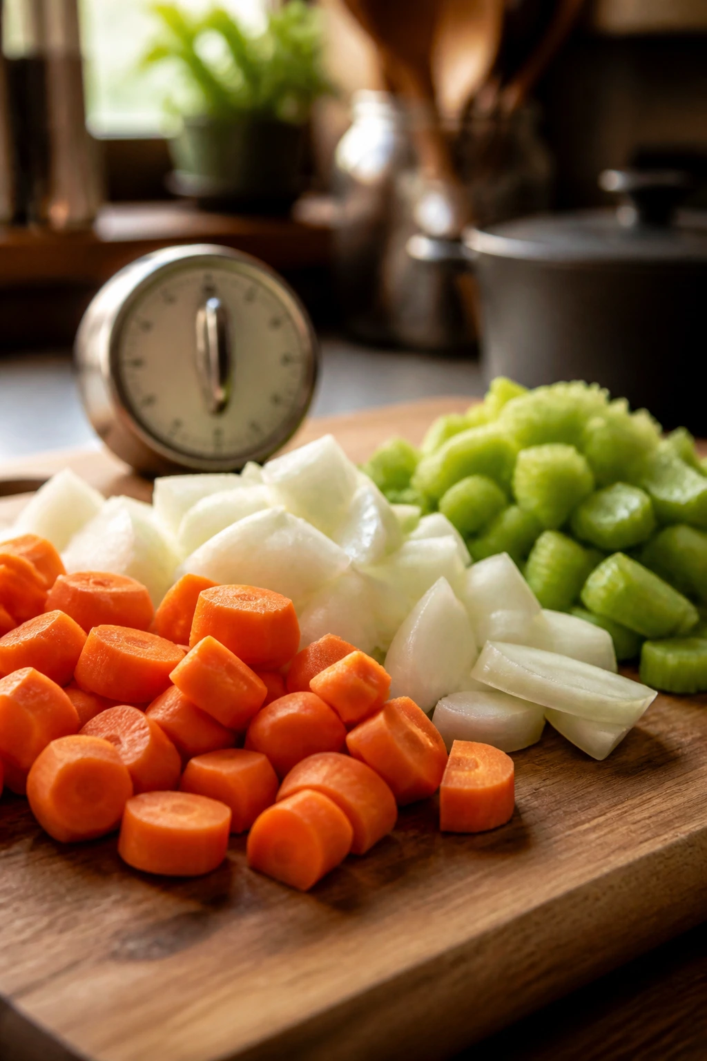 Close-up of chopped vegetables on cutting board with timer in warm kitchen