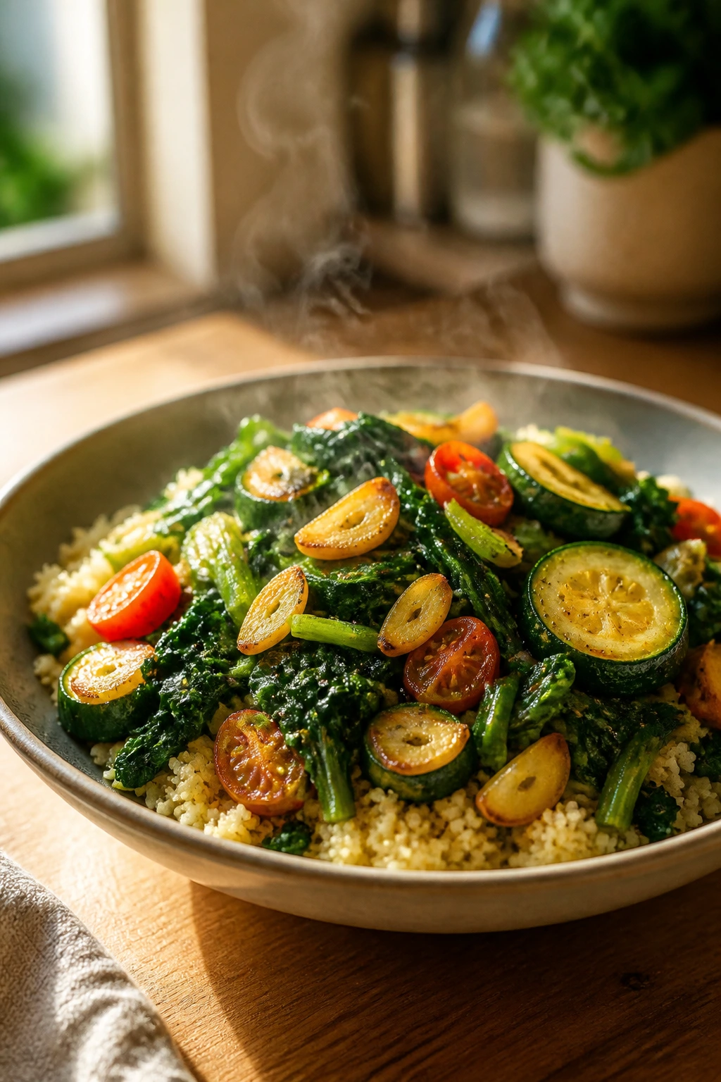 Steaming bowl of garlicky skillet dish served hot