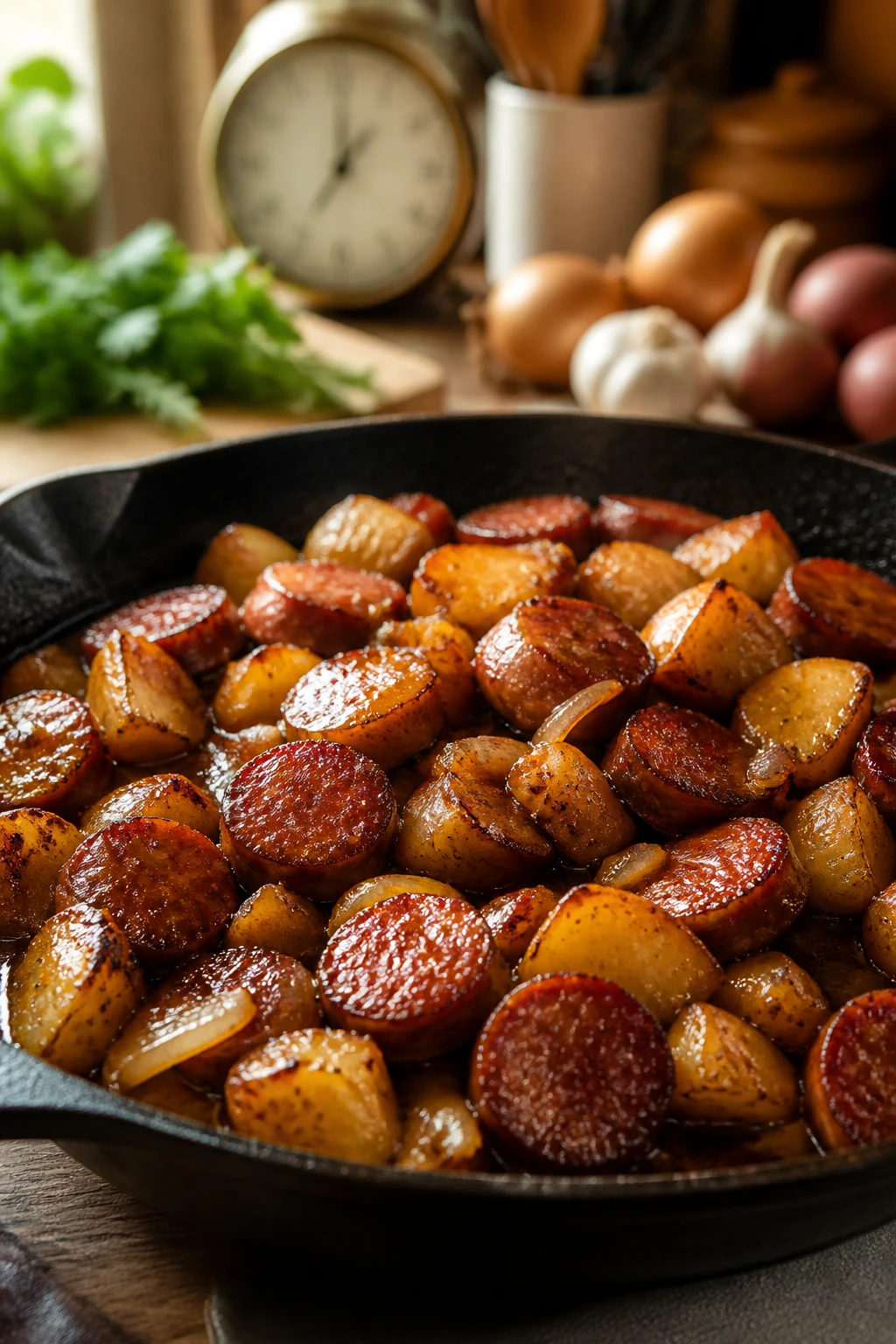 Skillet with smoky sausage and potatoes and blurred kitchen background