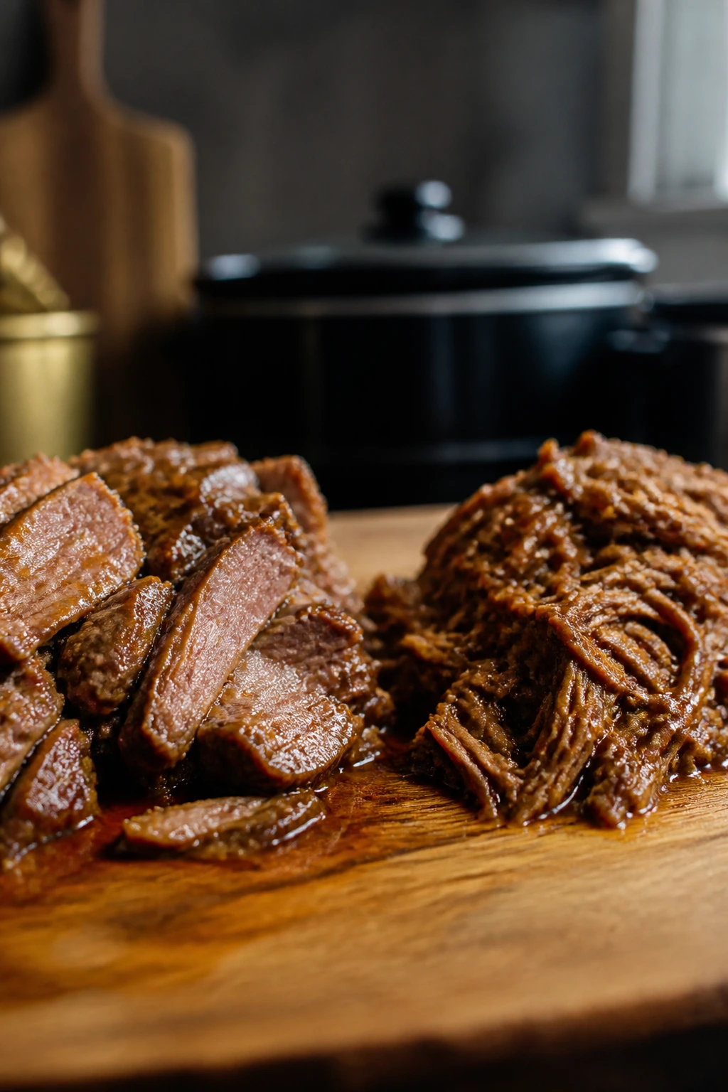 Two portions of meat with different tenderness illustrating slow-cooker timing