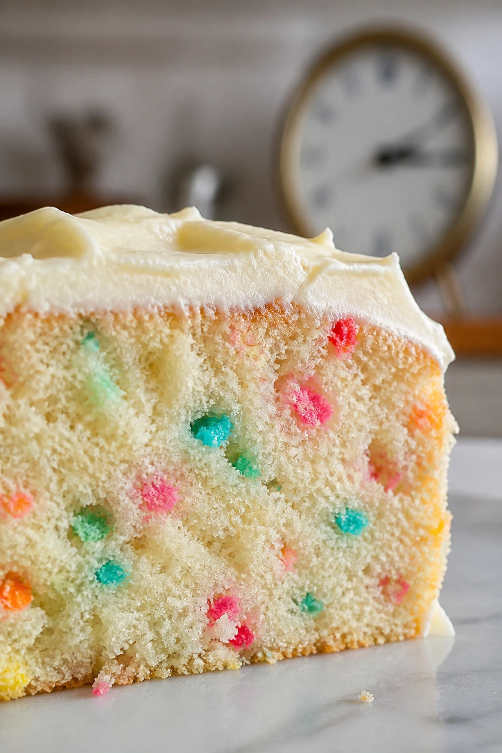 Close-up of cake crumb with airy texture and clock in background