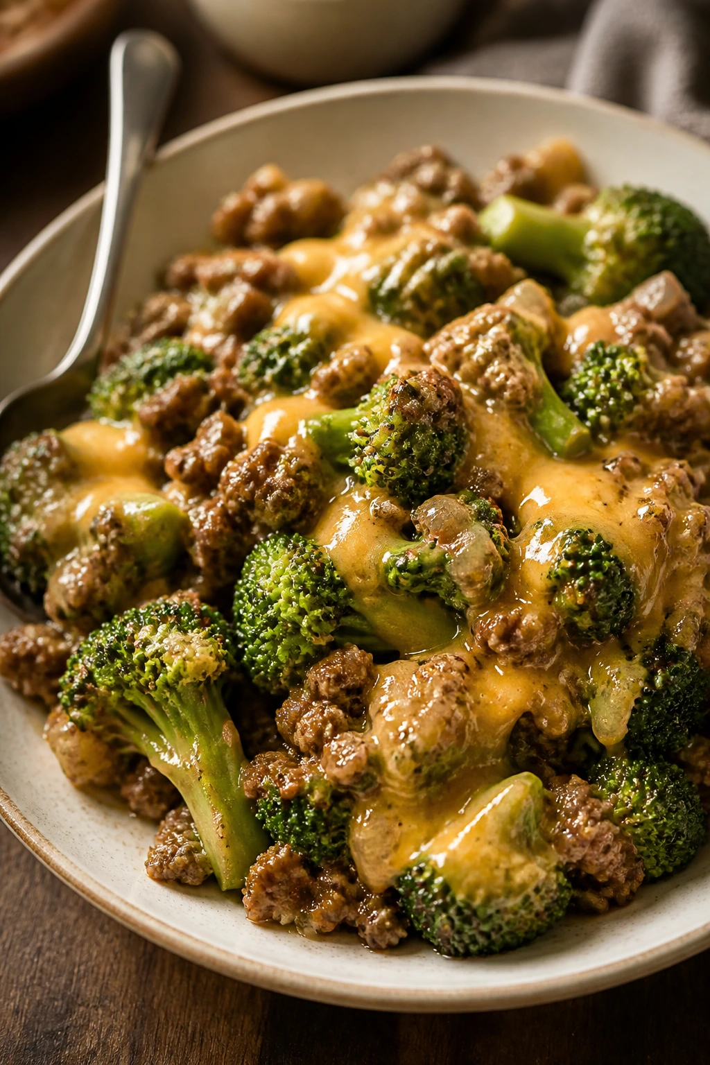 Thick, glossy hamburger broccoli dish plated with crisp-tender broccoli