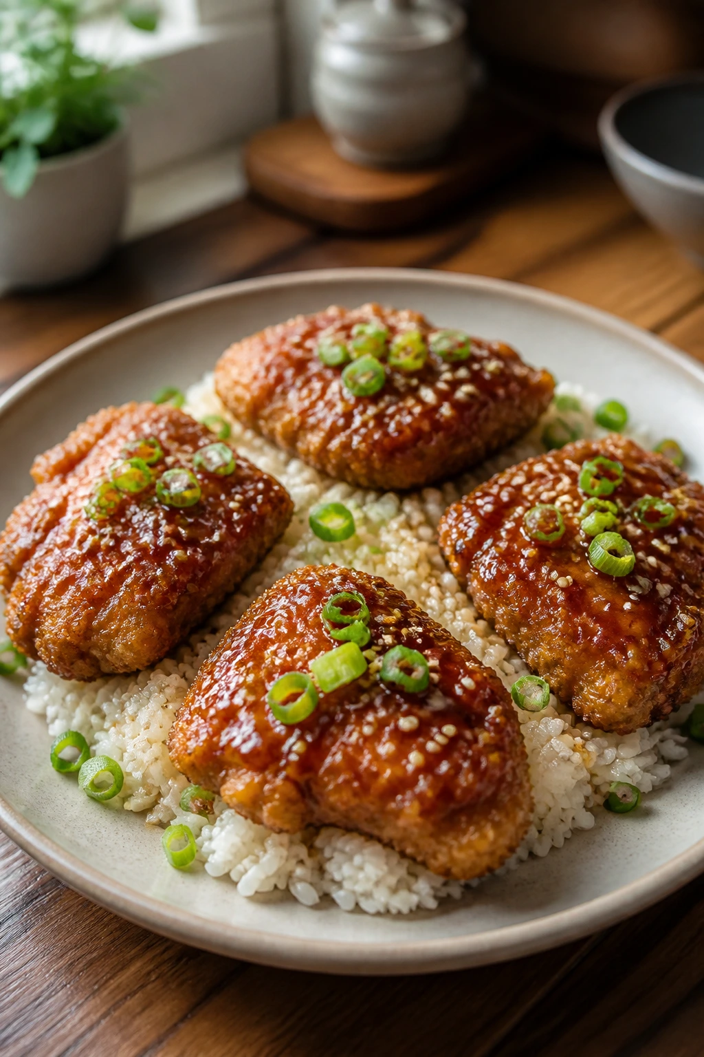 Plate of crispy teriyaki chicken and rice showing portions