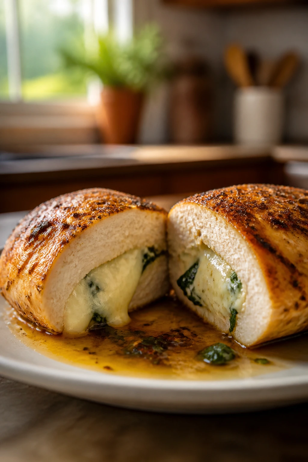 Halved stuffed chicken breast showing cheese filling on a plate