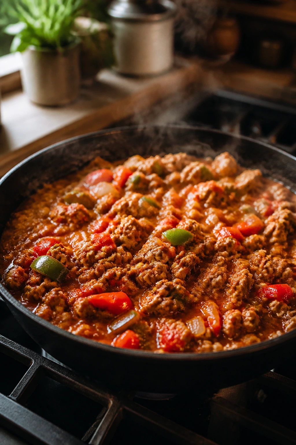 Close-up of a simmering turkey skillet with glossy sauce and steam in a warm kitchen