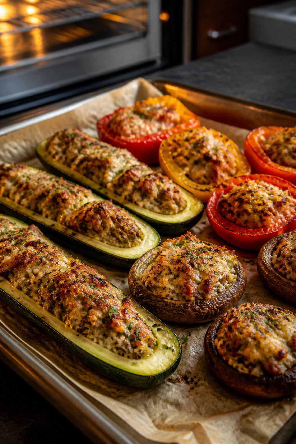 Stuffed vegetables on a parchment-lined baking sheet in a warm kitchen