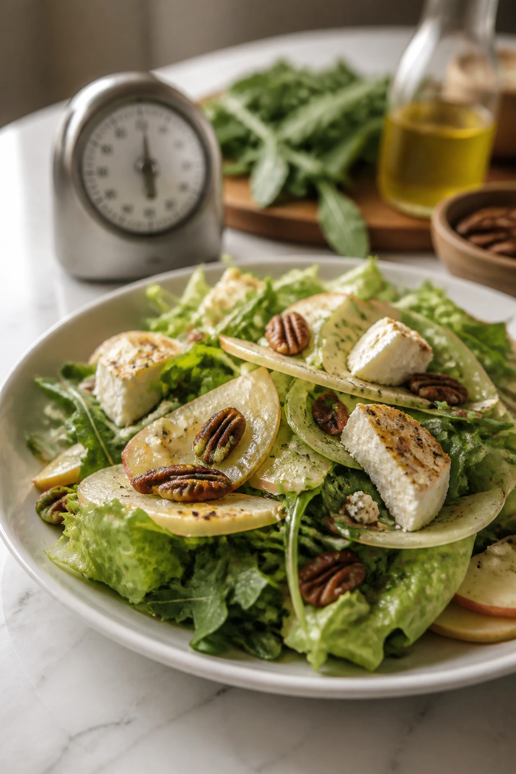 Salad plate with timer in background illustrating timing and yield concept