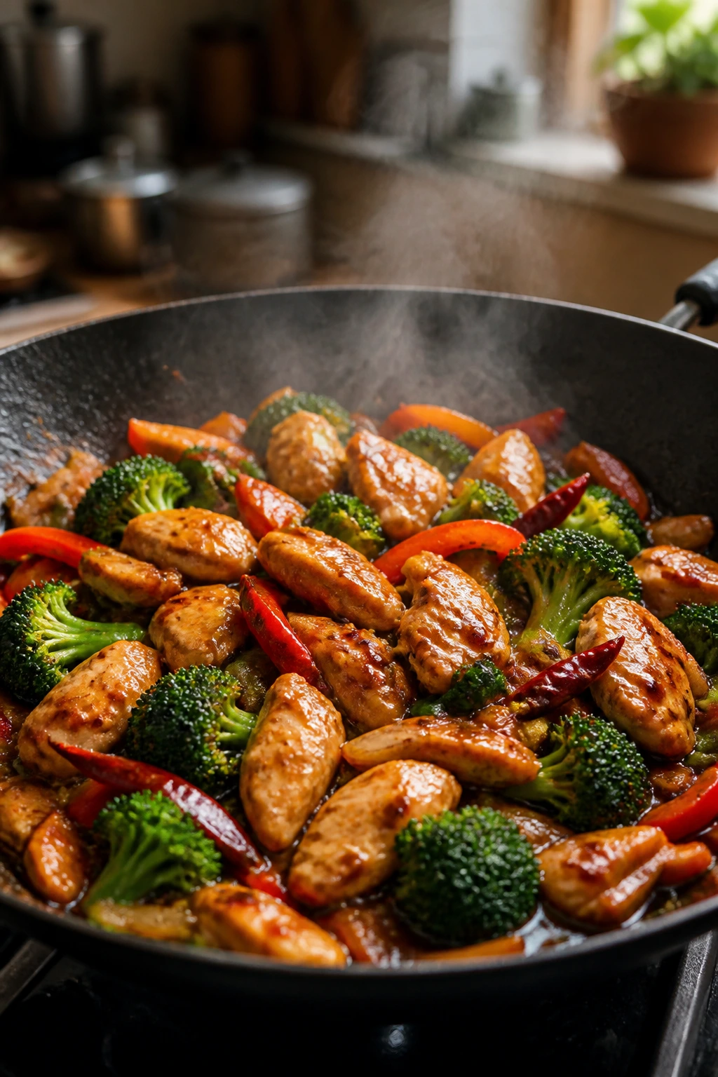 Sizzling stir-fry in a skillet with bright vegetables and glossy sauce