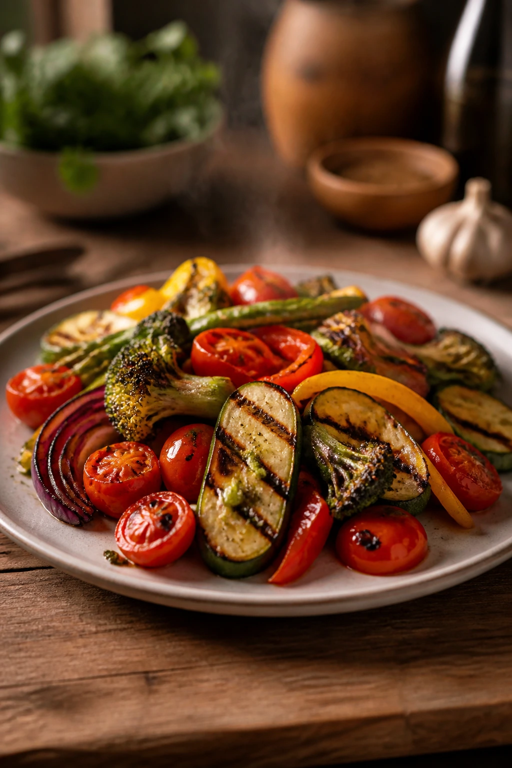 Plate of crispy grilled vegetables ready to serve