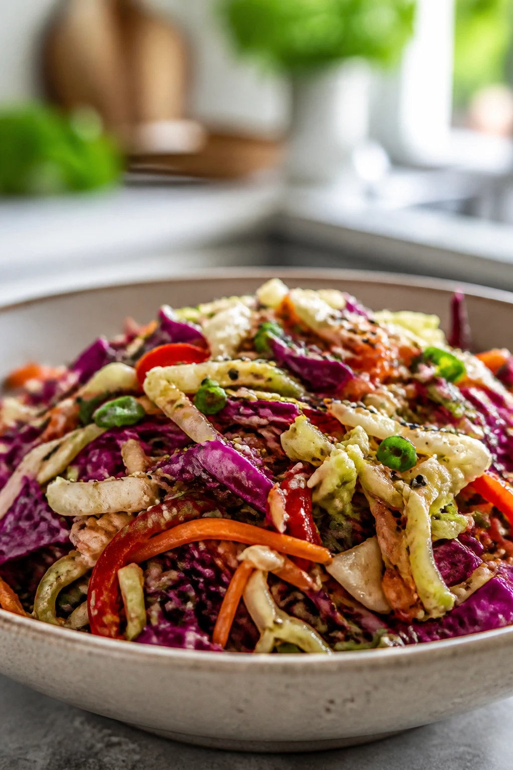 Bowl of Asian slaw showing crisp ribbons in a bright kitchen