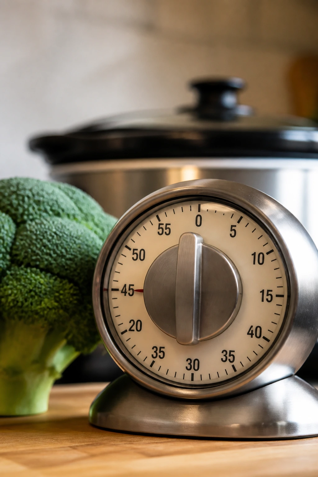 Kitchen timer set for 45-60 minutes with slow cooker and broccoli in background