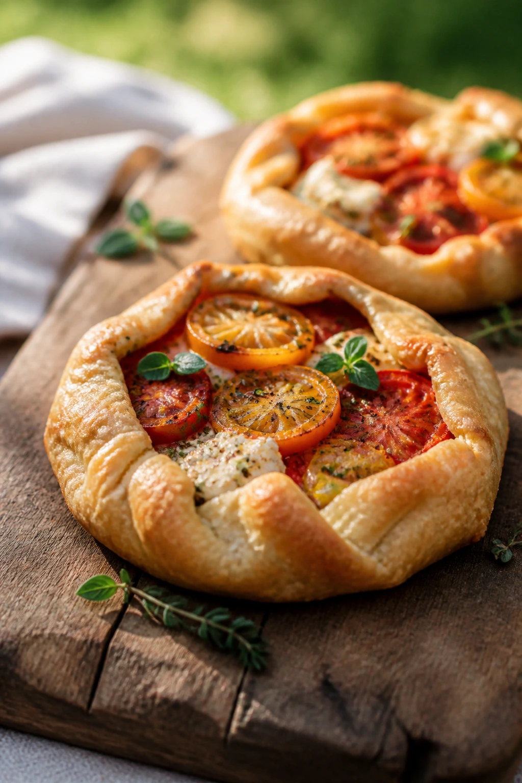 Close-up of two rustic tomato galettes on a wooden board