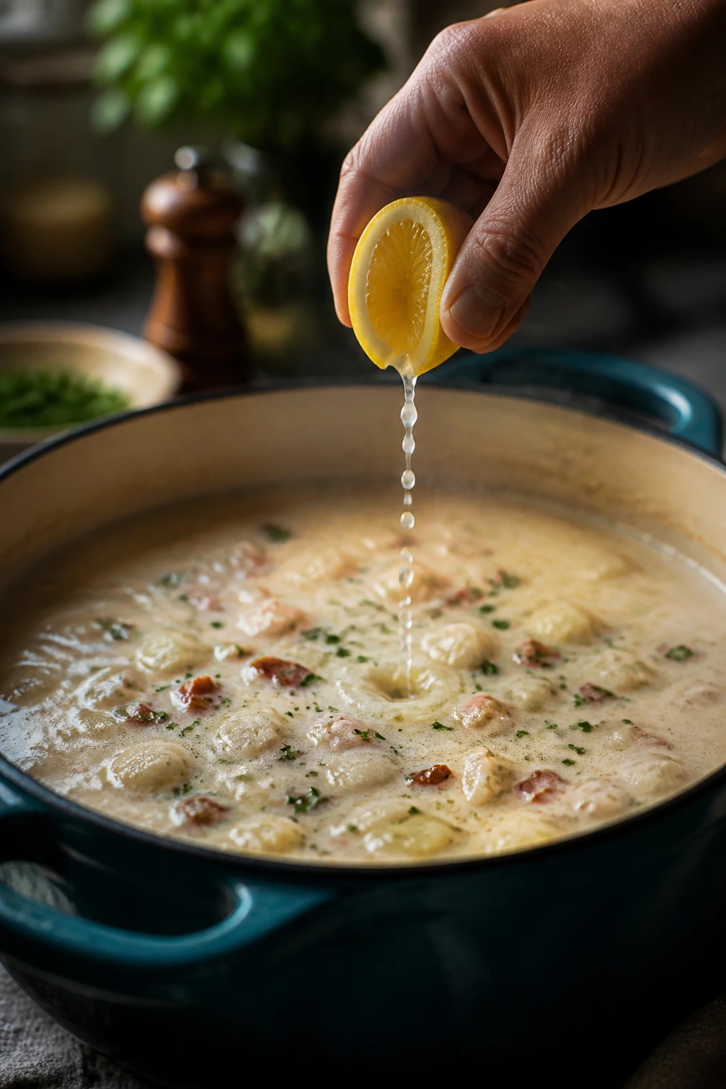 Hand pouring lemon juice into simmering chowder