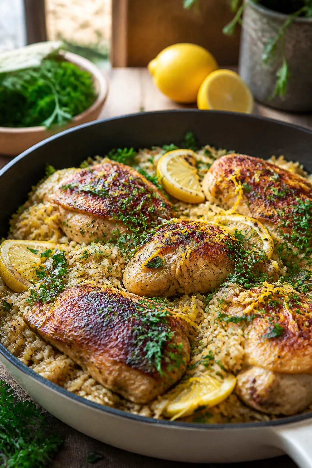Finished dish with lemon zest and parsley as finishing touches.