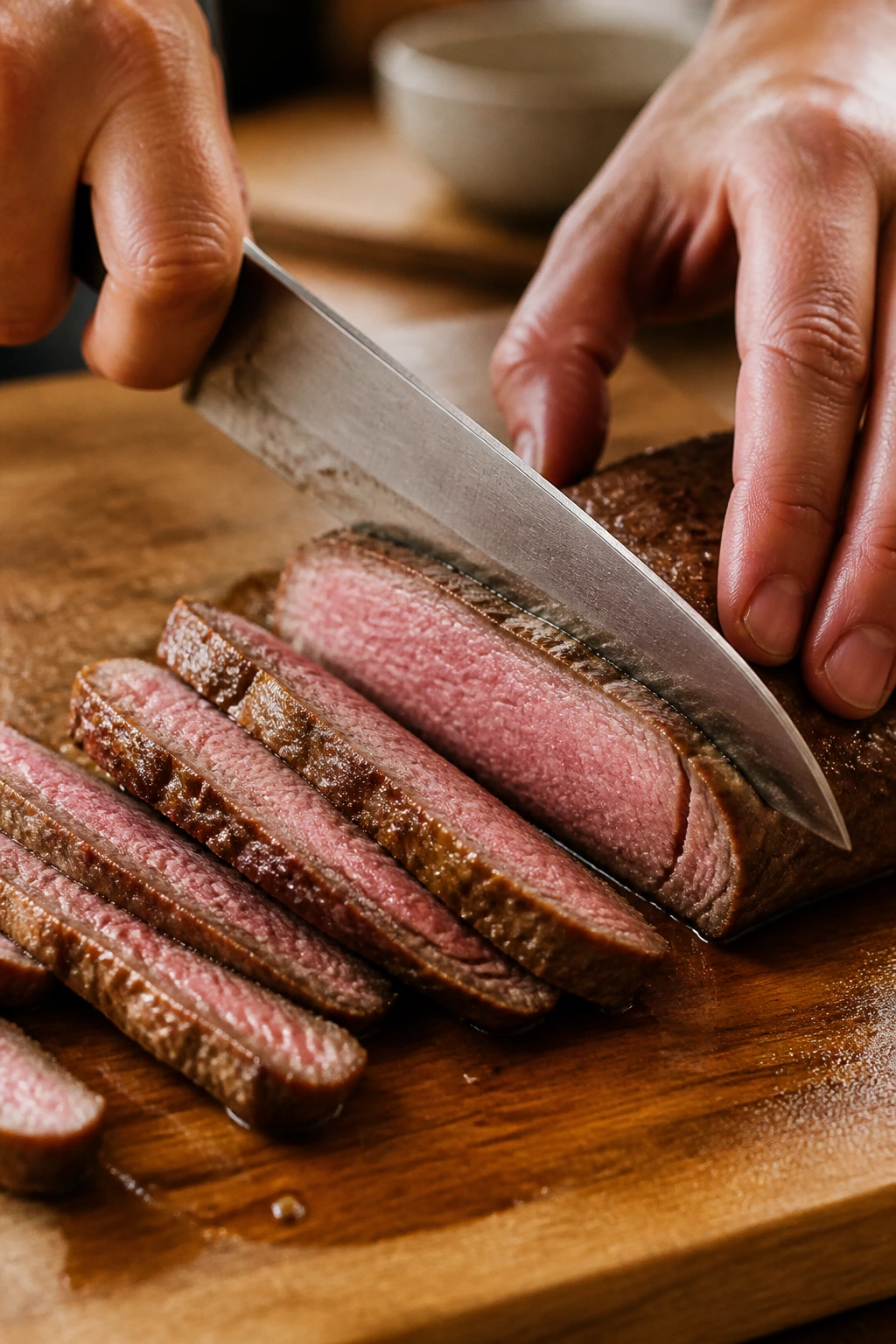 Hands slicing beef against the grain on a cutting board for tender beef.