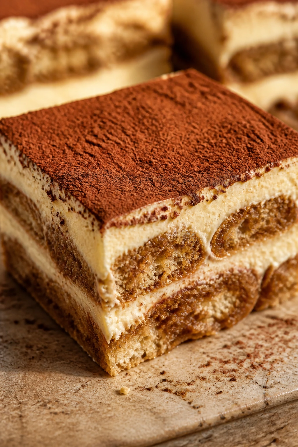 Close-up of tiramisu bars with layered coffee and cocoa