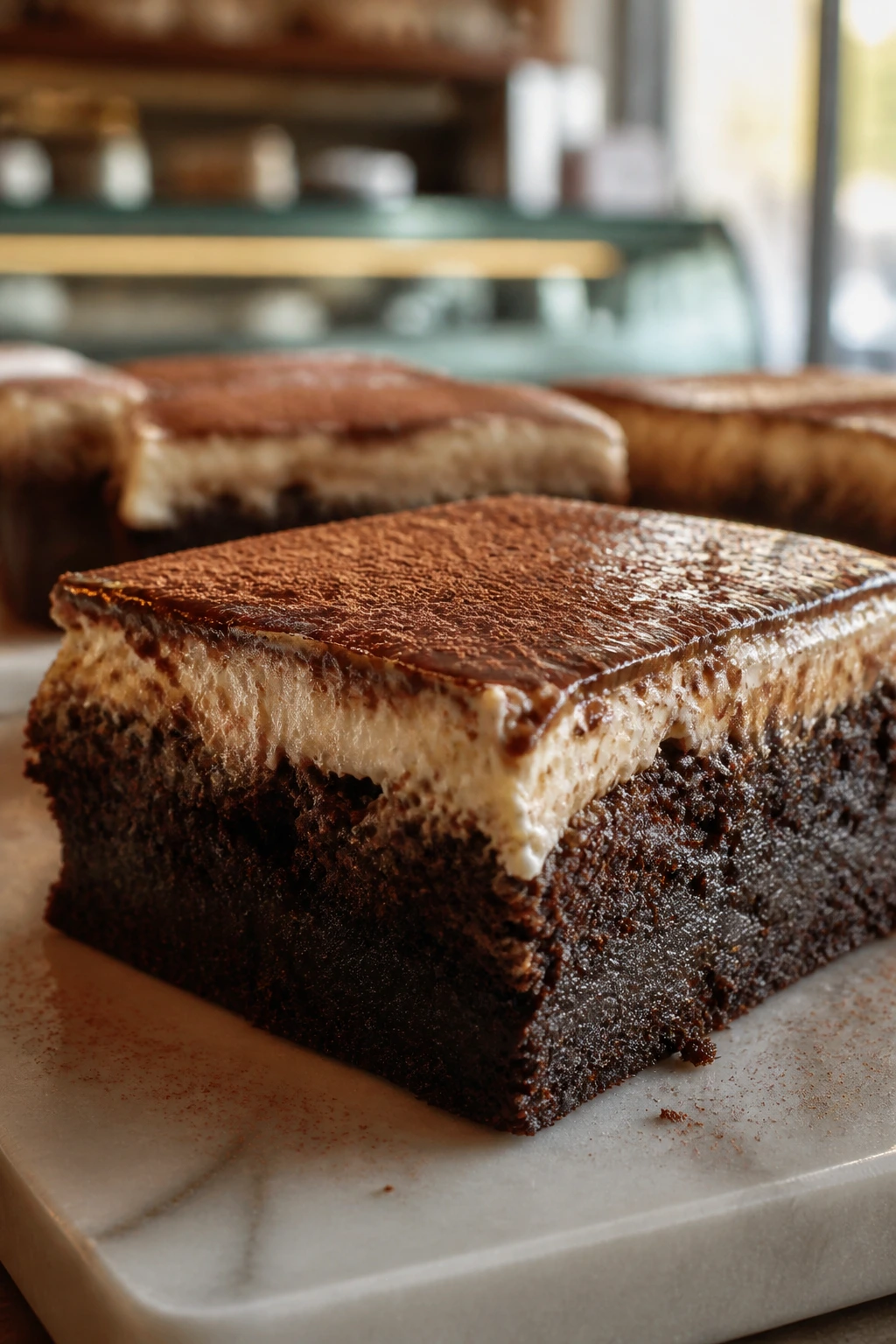 Close-up of tiramisu brownie top with mascarpone cream and cocoa dusting