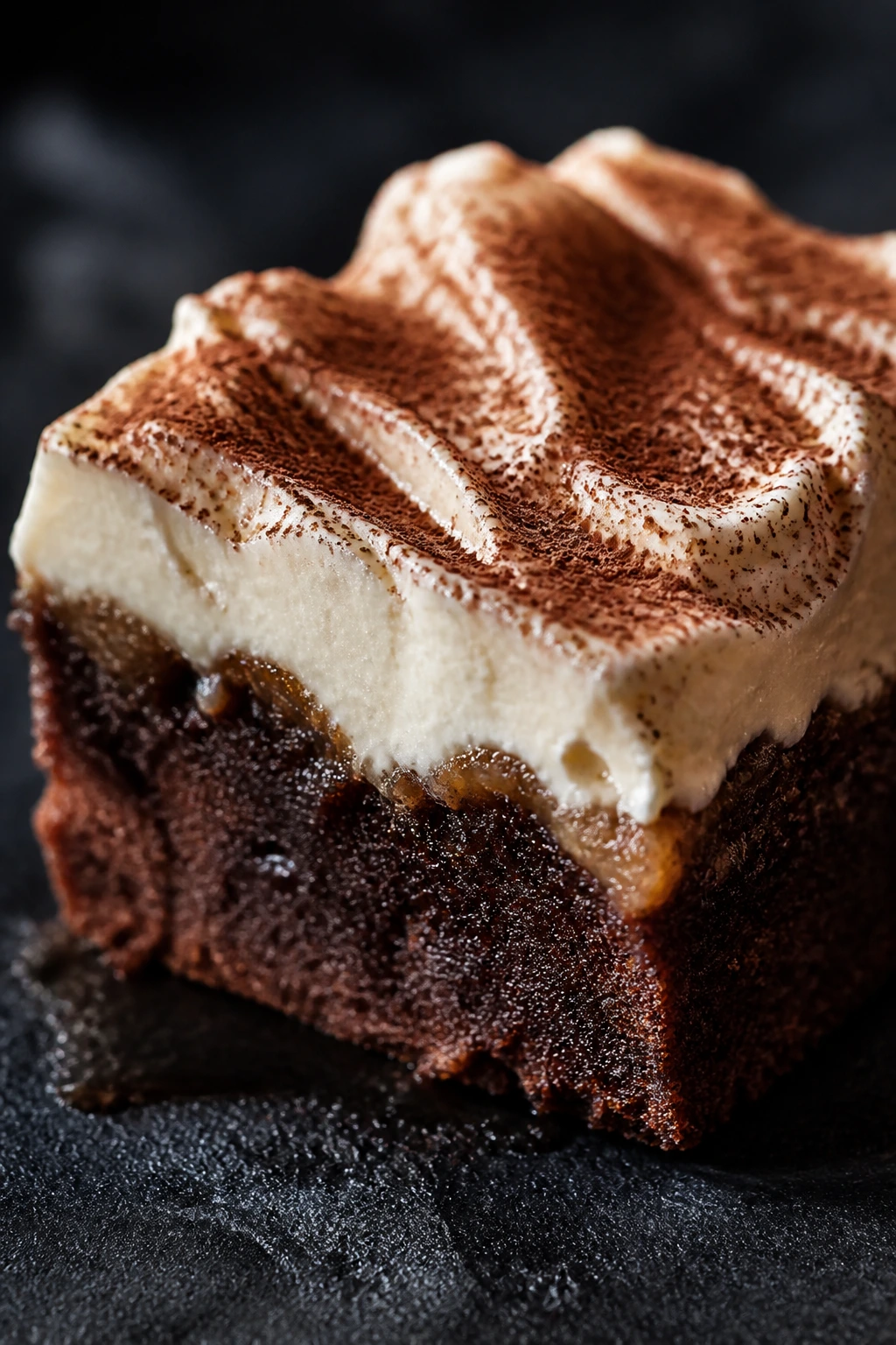 Close-up of a tiramisu brownie square with mascarpone topping