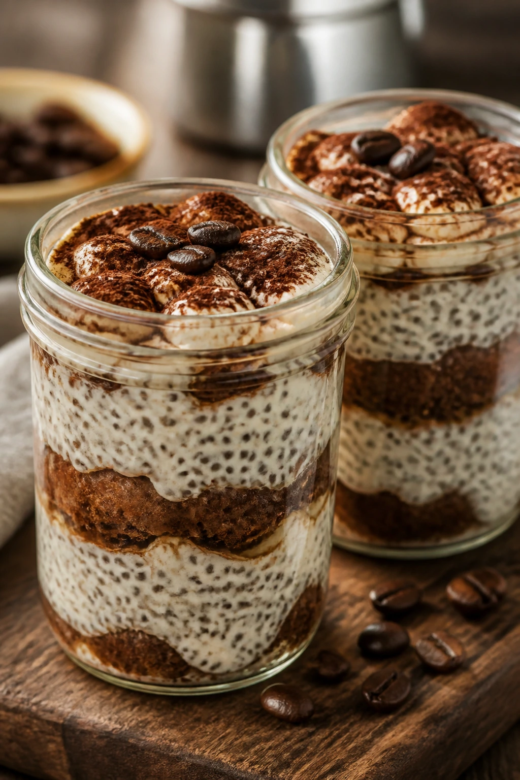 Two jars of layered tiramisu chia pudding on a kitchen counter