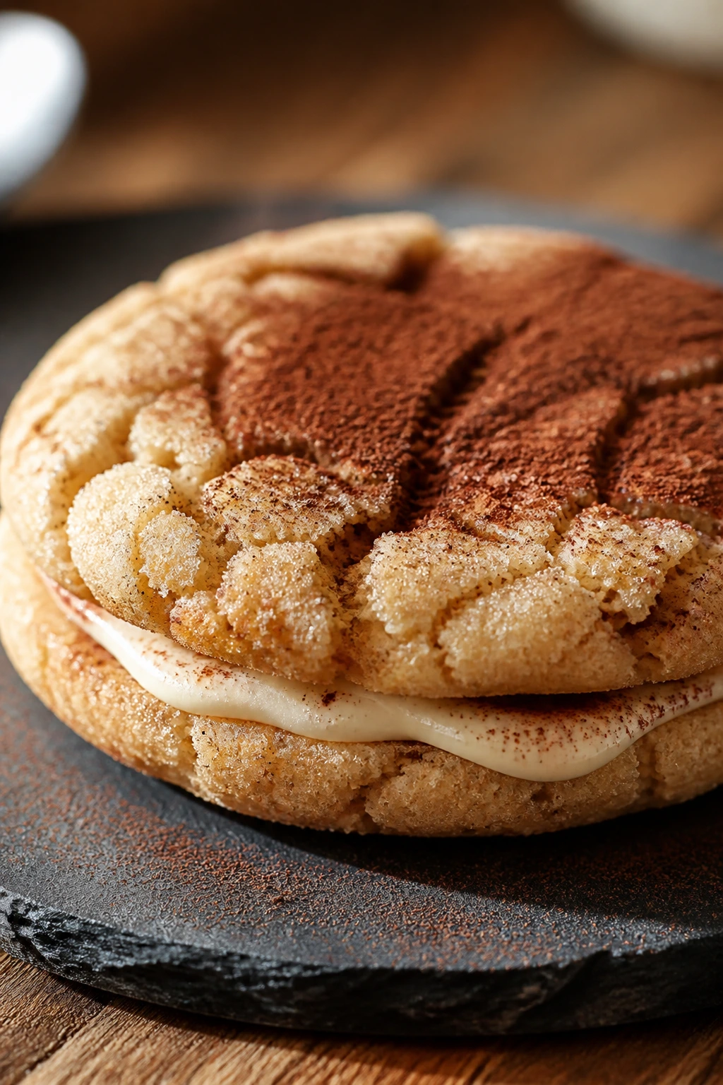 Close-up of tiramisu-inspired sugar cookie with cocoa dusting and cream cheese center