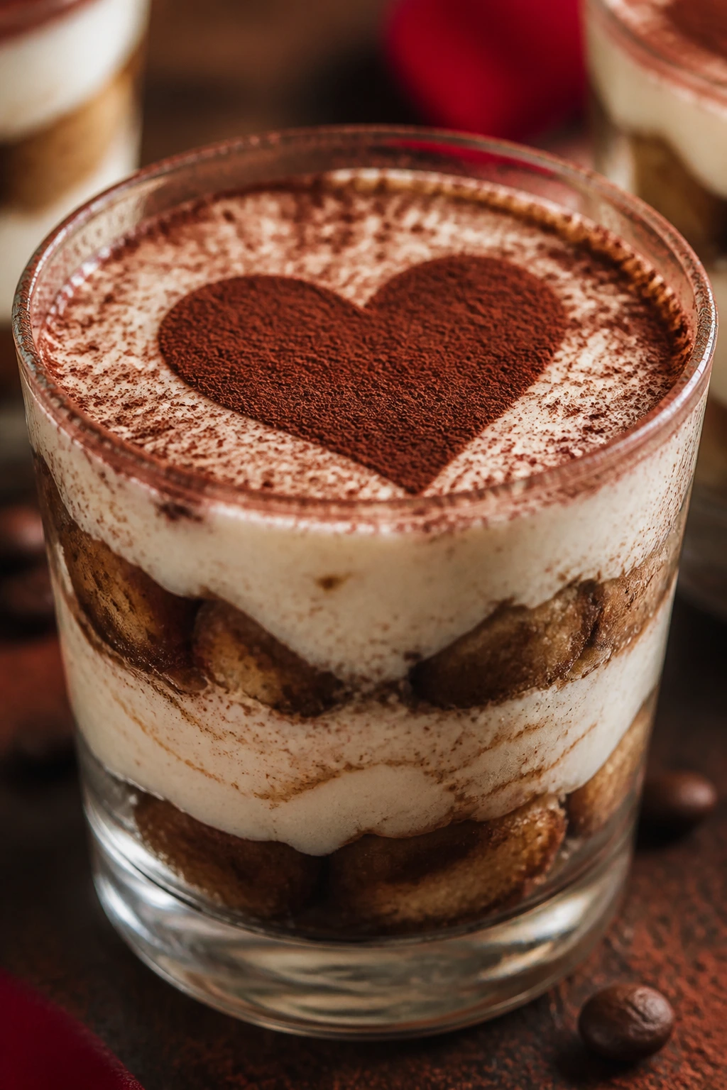 Tiramisu cup with cocoa heart dusting, layered mascarpone and coffee