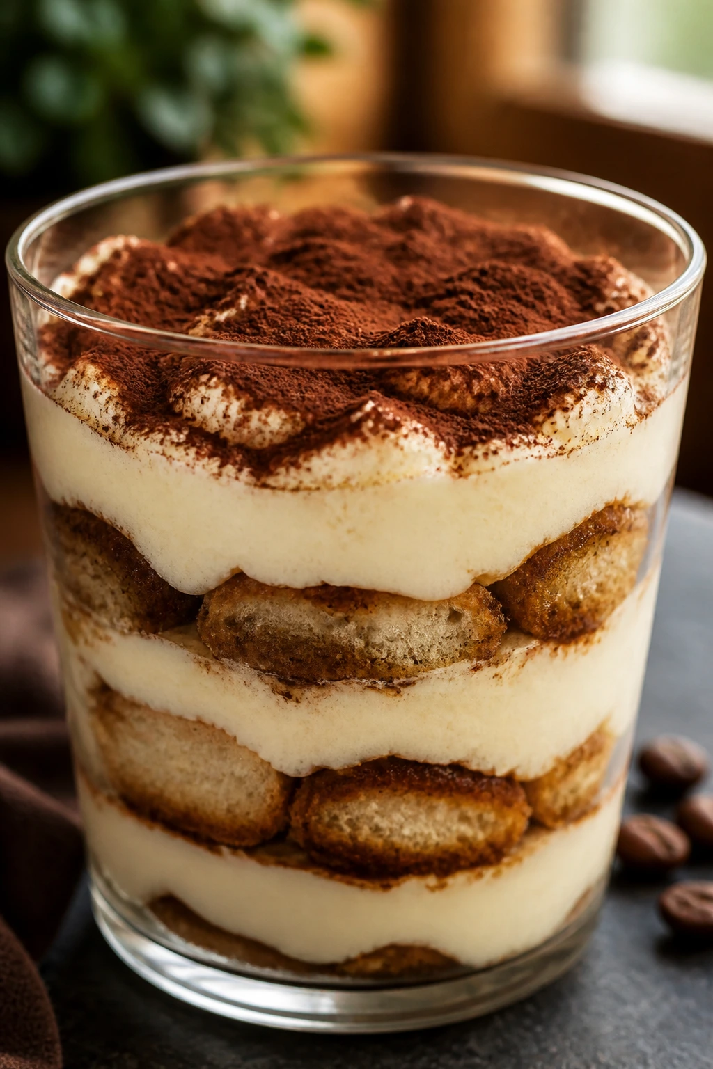 Close-up of a tiramisu cup showing espresso-soaked layers and cocoa dusting