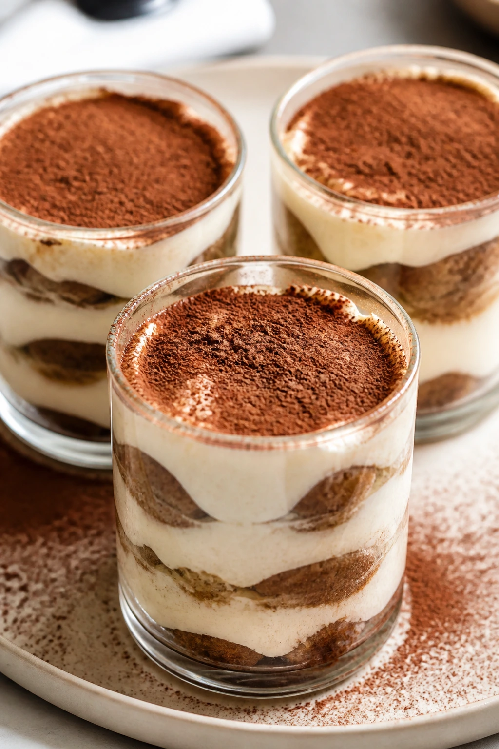 Three tiramisu cups showing distinct layers of ladyfingers and mascarpone