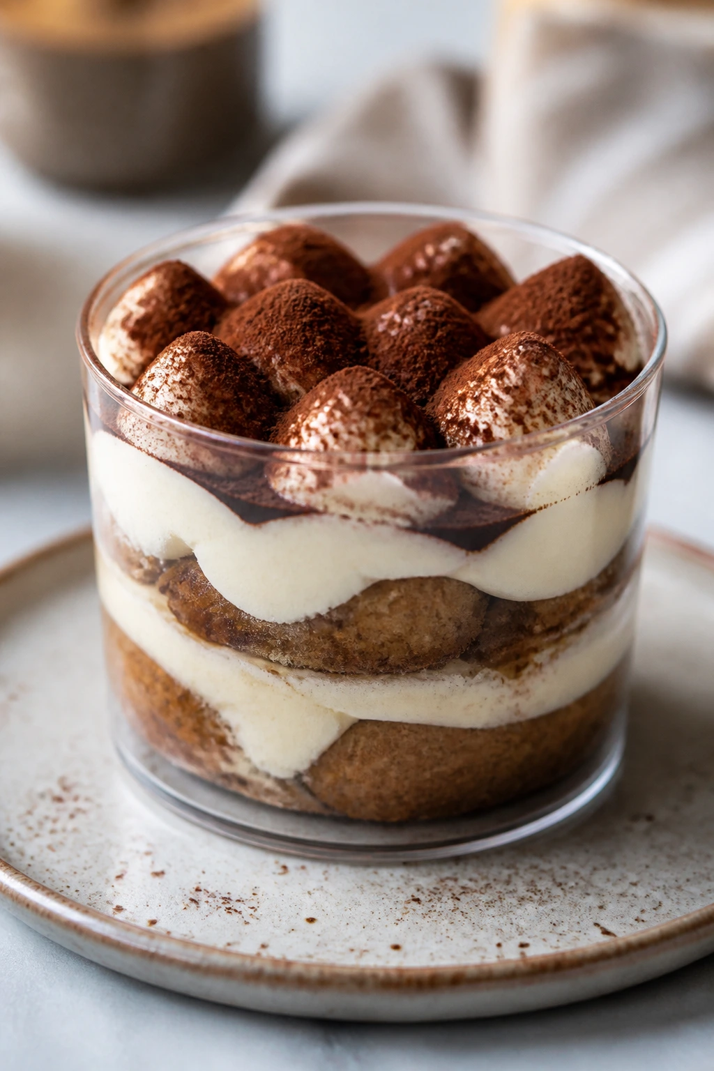 Close-up of tiramisu in a clear cup showing layers and cocoa powder