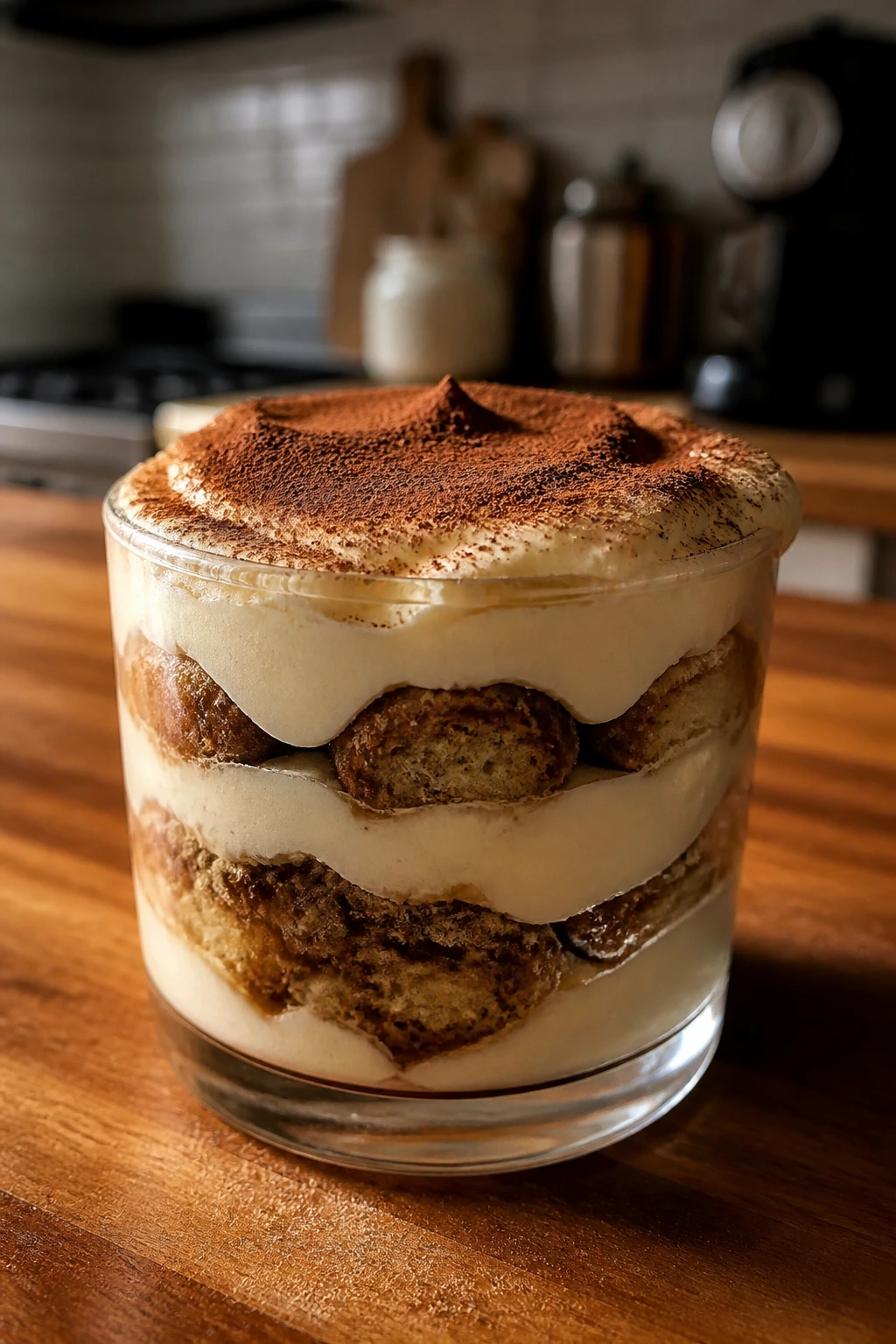 Layered tiramisu cup with coffee-soaked ladyfingers and mascarpone.