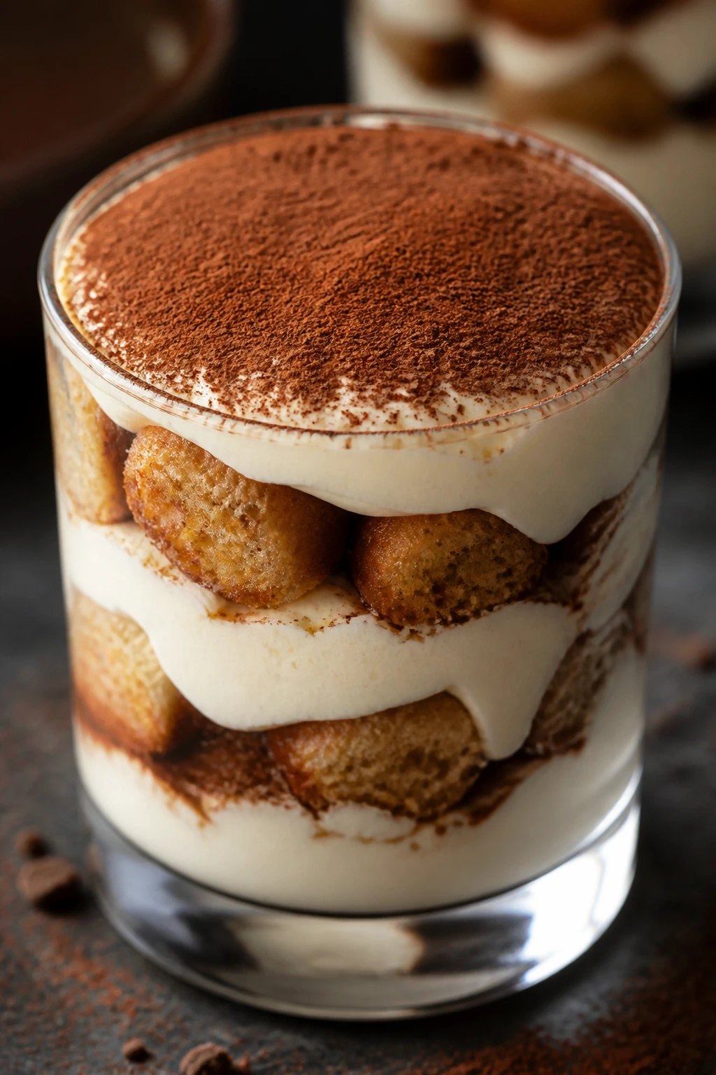 Close-up of a Tiramisu Trifle Cup showing layered espresso and mascarpone