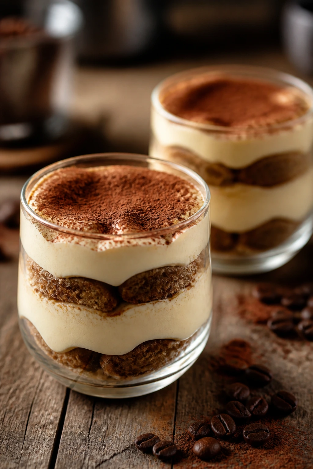 Two tiramisu cups with distinct layers under cafe lighting
