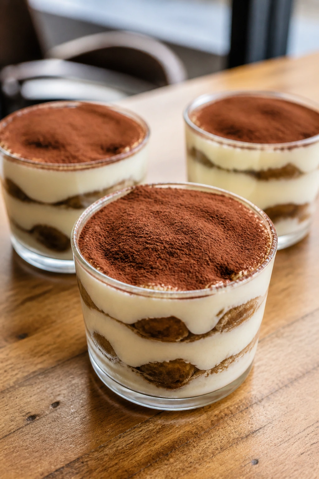 Layered tiramisu in clear glass cups with cocoa top