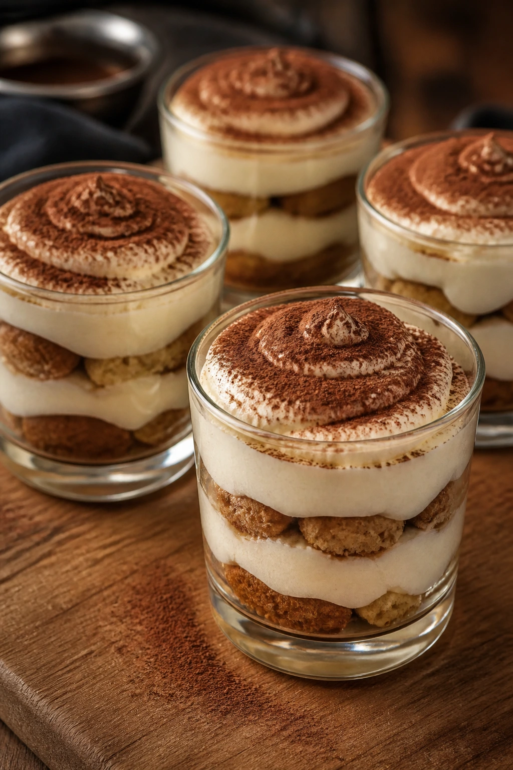 Close-up of mini tiramisu cups showing layers of espresso-soaked cookies and mascarpone cream