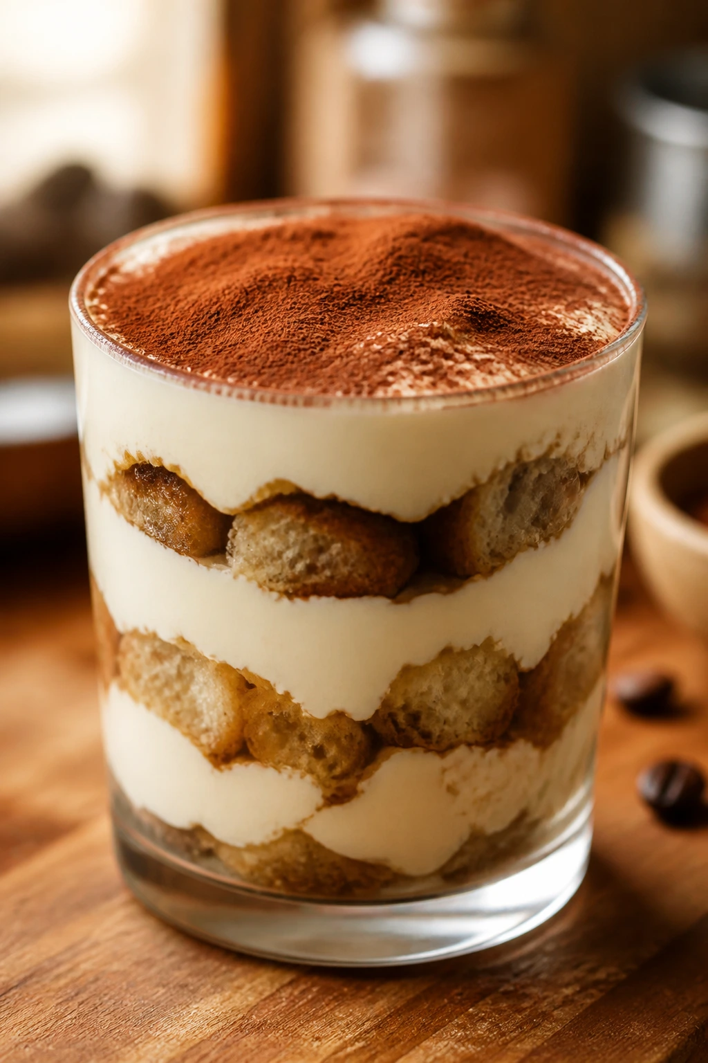 Close-up of tiramisu protein parfait with layered cream and cocoa dusting on a wooden counter