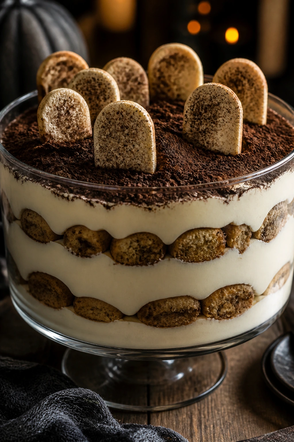 Close-up Tiramisu Tombstone Trifle with espresso-soaked layers and cocoa dusting.